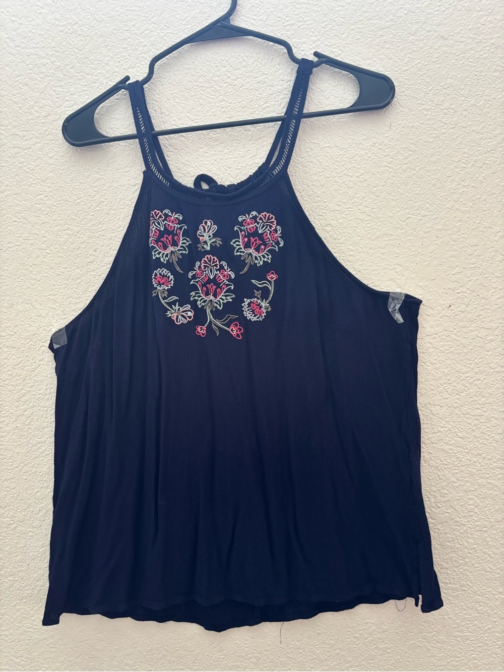 Embroidered Navy Halter Tank Top - Floral Detail